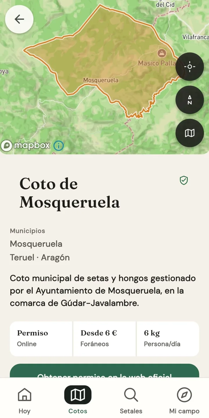 Ficha de un coto con su perímetro sobre el mapa, los municipios que abarca, el tipo de permiso, el precio para foráneos y el cupo por persona y día.