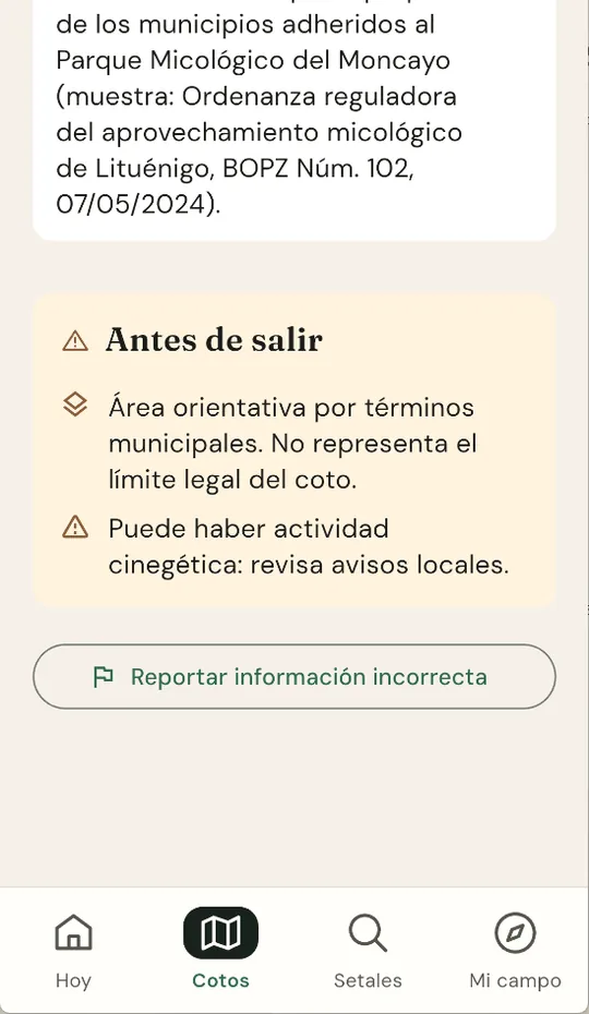 Final de la ficha del coto del Moncayo: la ordenanza de la que sale cada dato y un recuadro de Antes de salir sobre el límite del coto y la caza.