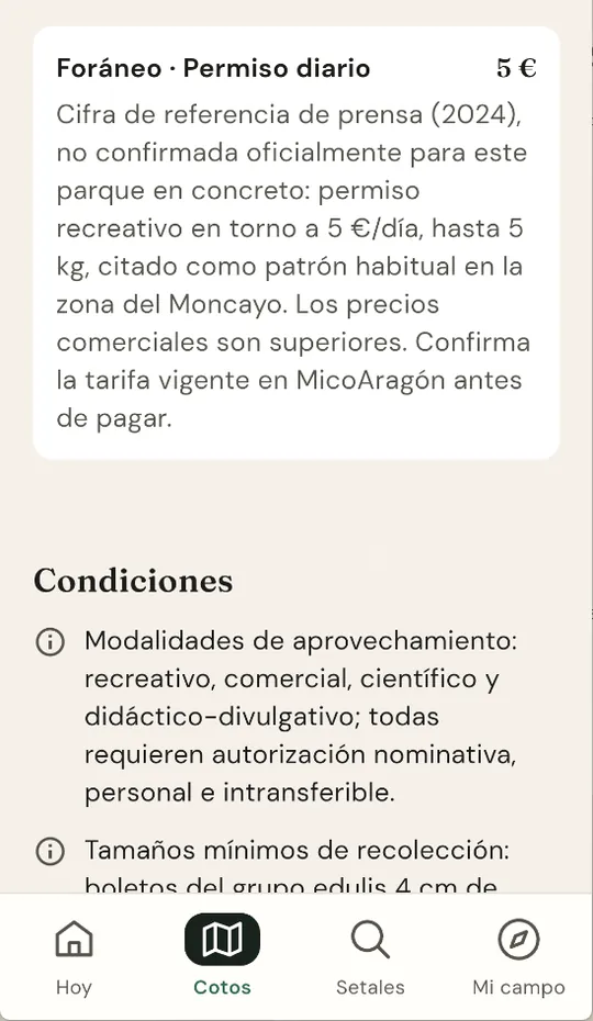 Ficha del coto del Moncayo en la app: la tarifa del permiso diario para foráneos, con la nota de dónde sale la cifra, y las condiciones de aprovechamiento.