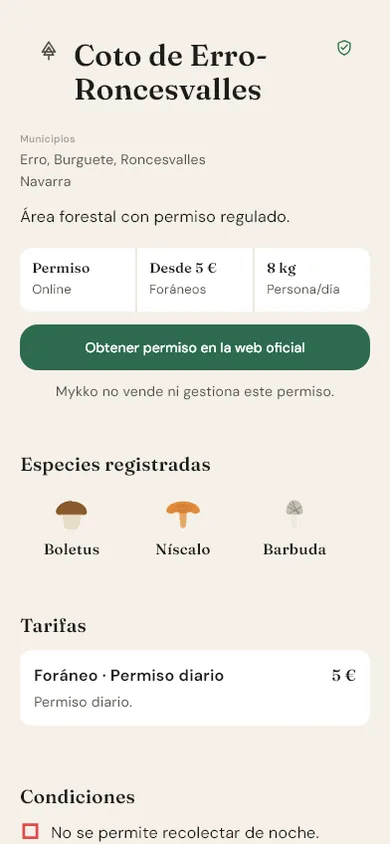 Ficha del Coto de Erro-Roncesvalles con sus municipios, tipo de permiso, cupo diario, especies registradas, tarifas y fuentes normativas.