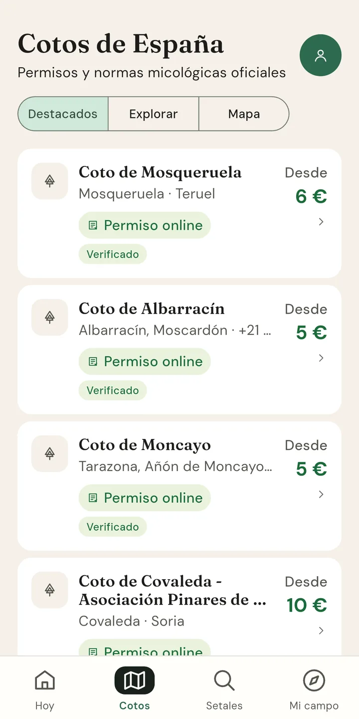 Captura de ejemplo del listado de cotos en Mykko con información de recogida.