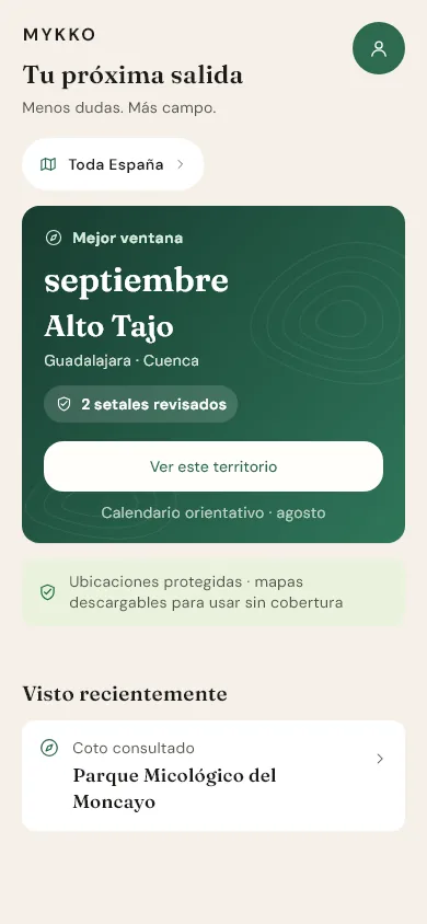 Pantalla de inicio de Mykko con la tarjeta «Tu próxima salida», el territorio Alto Tajo y su mejor ventana de temporada.