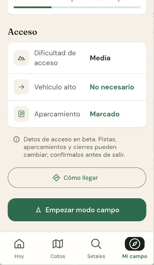 Pantalla de acceso de un setal: dificultad media, vehículo alto no necesario, aparcamiento marcado, y los botones Cómo llegar y Empezar modo campo.