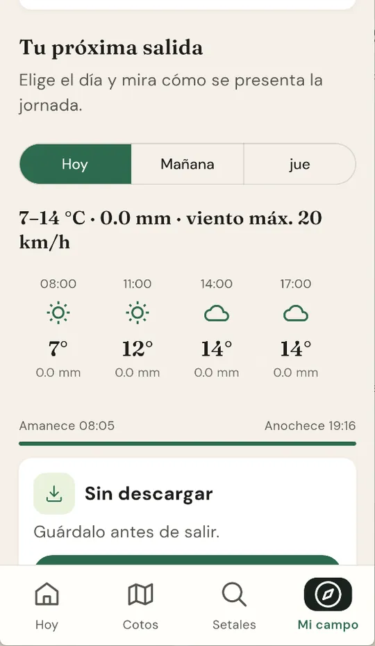 Previsión para el día en un setal, con pestañas de hoy, mañana y jueves, temperaturas por horas y el aviso de guardar el mapa antes de salir.
