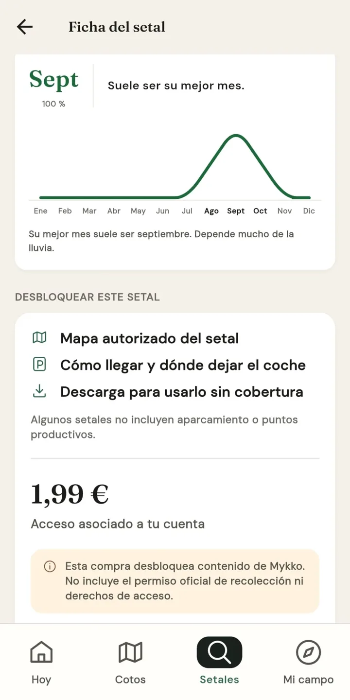 Pantalla de compra de un setal con la curva de su mejor mes, lo que desbloquea el acceso y el aviso de que no incluye el permiso oficial de recolección.
