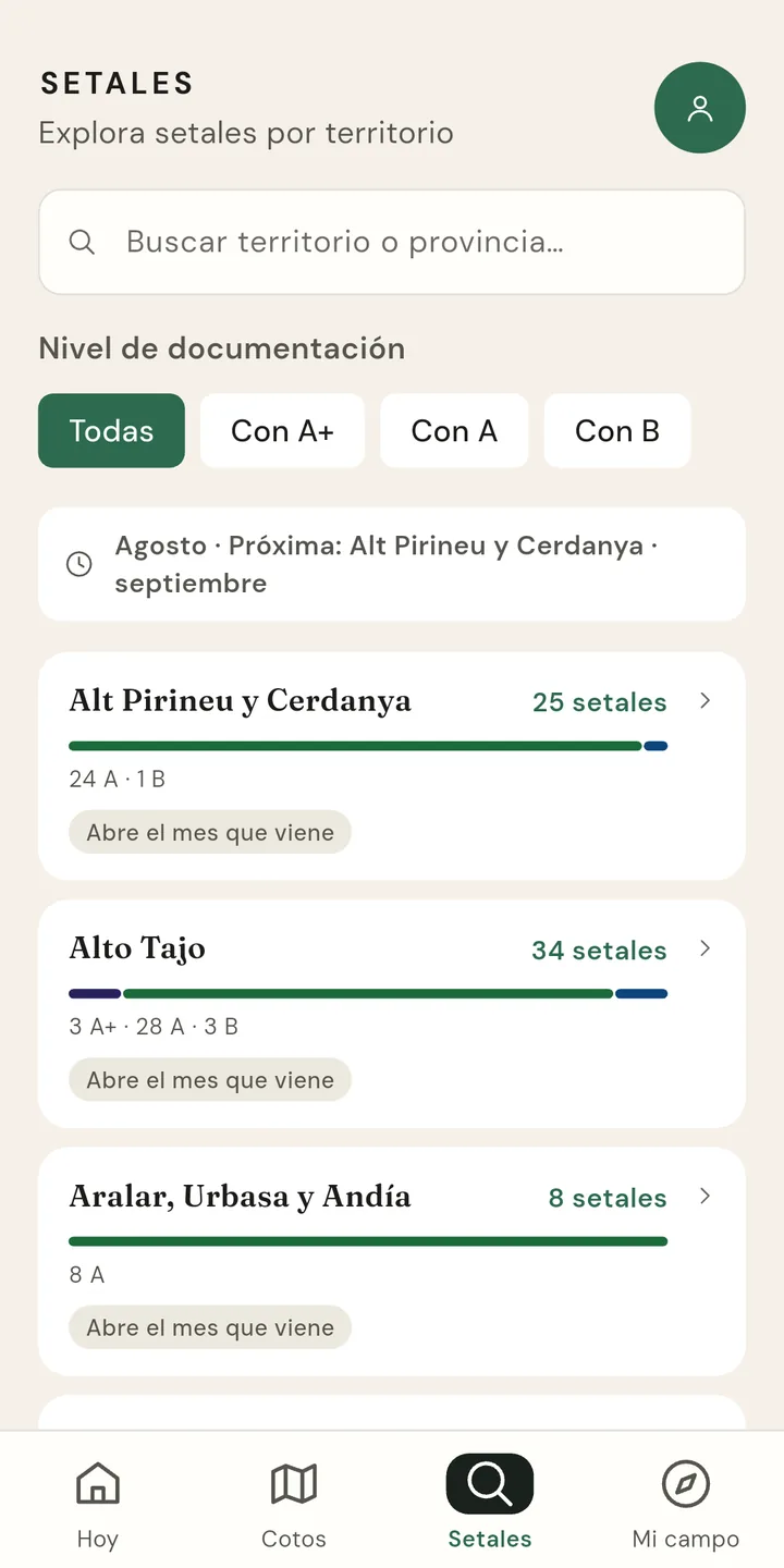 Catálogo de territorios de Mykko con filtros por grado de documentación y el número de setales de cada territorio, desglosado en A+, A y B.